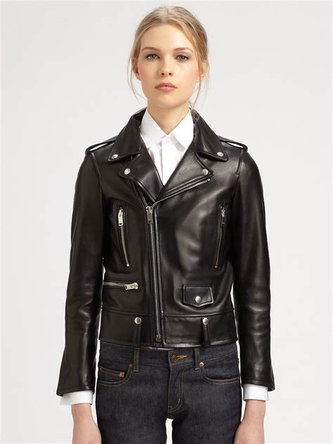 leather ribbon neck ysl|Saint Laurent Jackets for Women .